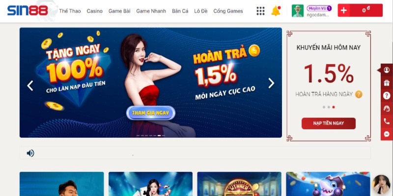 Khuyến mãi khủng hoàn trả tỷ lệ 1.5% không giới hạn Sin88